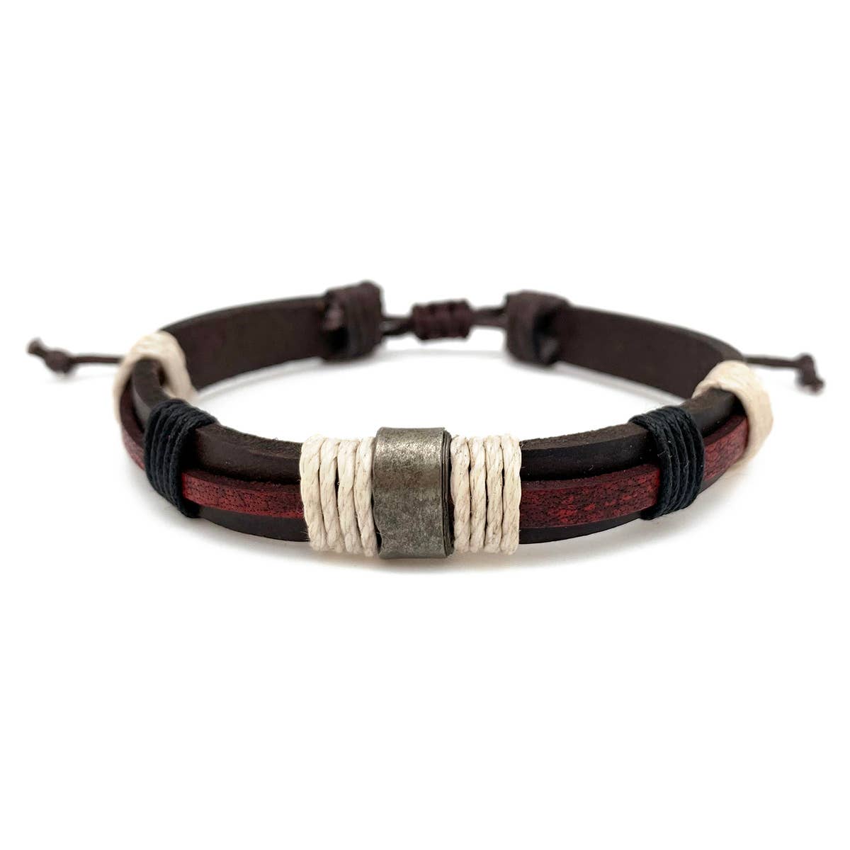 Anju Jewelry - Aadi Red & Brown Leather Cream Twine Pull Tie Men's Bracelet