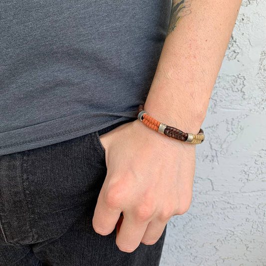 Aadi Brown and Orange Leather and Metal Beads Bracelet