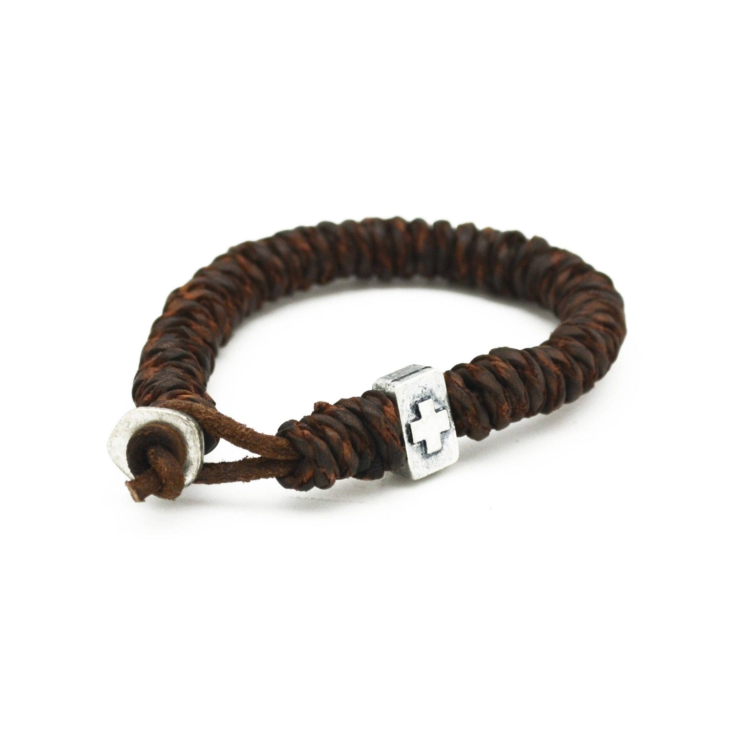 Aadi Brown Leather and Silver Cross Bead Men's Bracelet