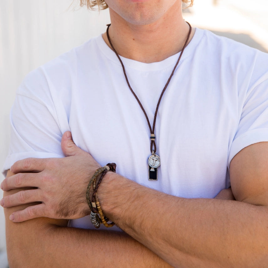 Aadi Braided Leather, Wooden and Silver Beads Men's Bracelet