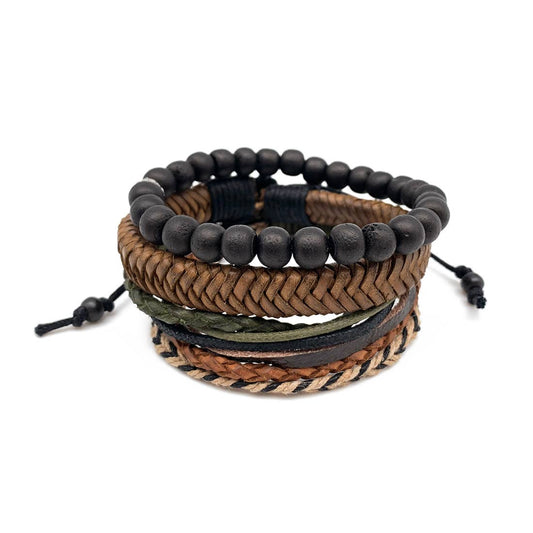 Aadi Bracelet Bundle Black Stone Beads, Leather, Mixed Wrap