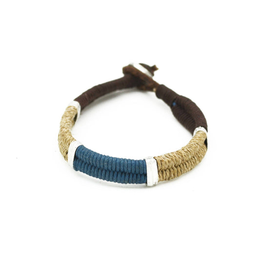 Aadi Blue and Tan Jute, Beads, and Leather Men's Bracelet