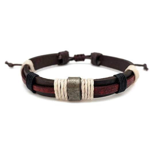 Anju Jewelry - Aadi Red & Brown Leather Cream Twine Pull Tie Men's Bracelet