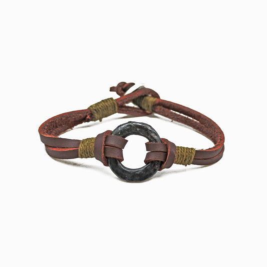 Aadi Pewter Disc with Brown Leather Men's Bracelet