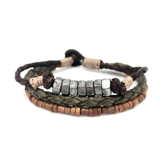 Aadi Braided Leather, Wooden and Silver Beads Men's Bracelet