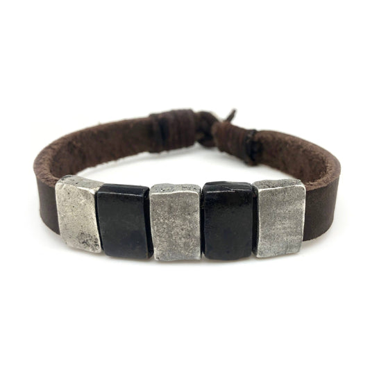Aadi Silver and Black Rectangle Beads Leather Men's Bracelet